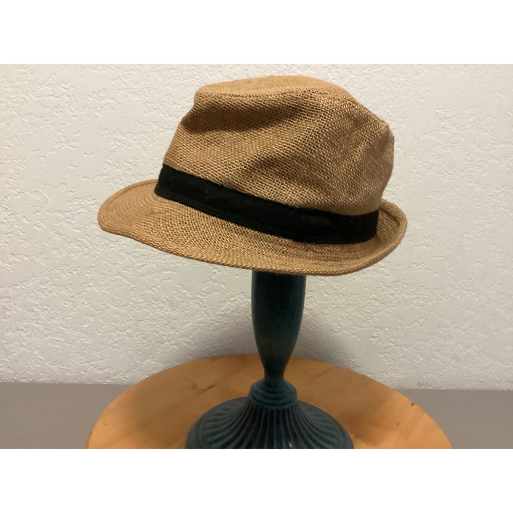 Unbranded Hemp Fedora Hat Unisex 57cm Tan Straw Style Black Ribbon Band